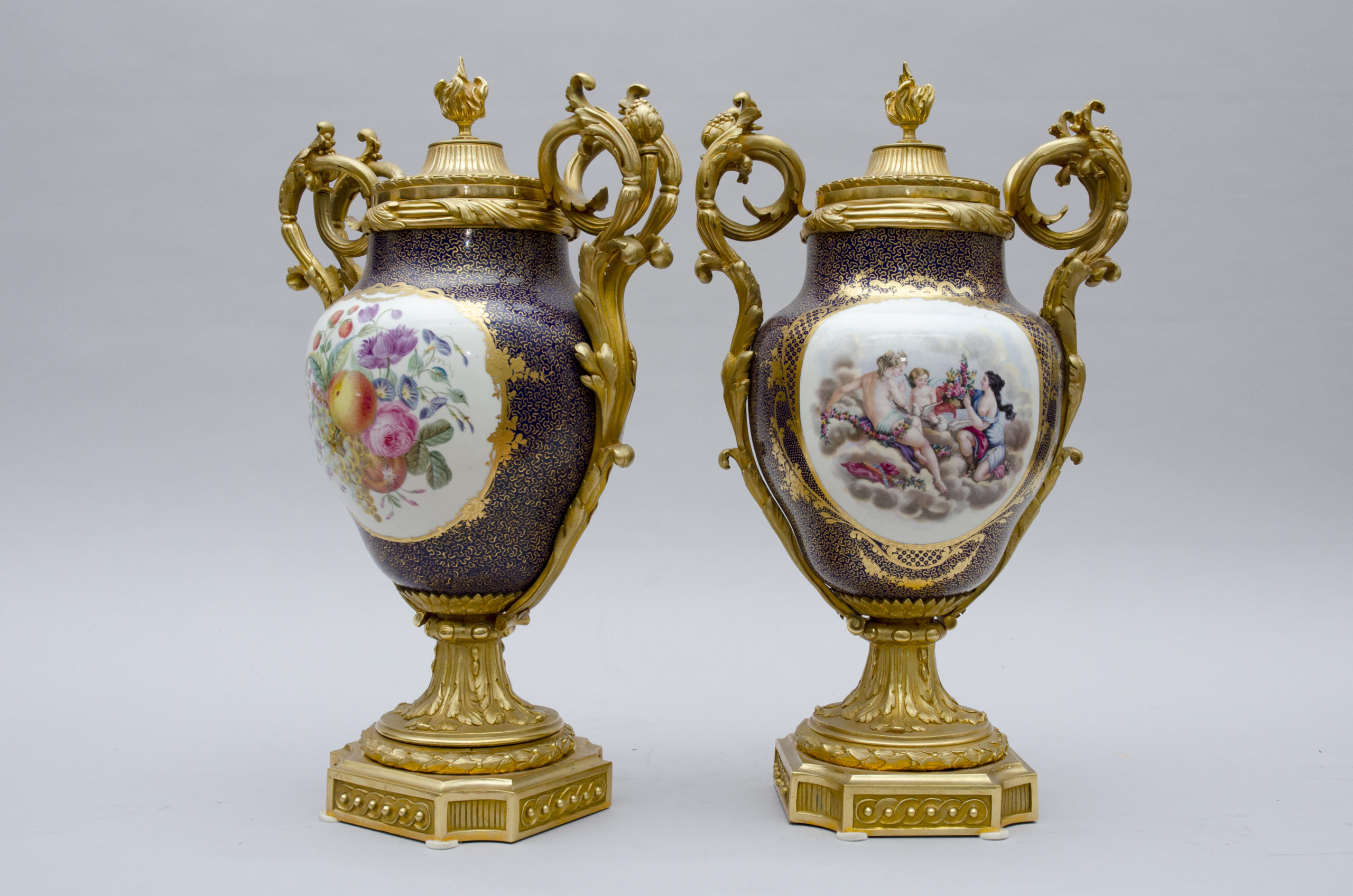 Large Ormolu Sevres style vases with fruit and figures, Paris