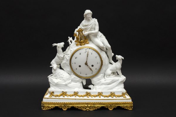 Large bisque table clock "Orpheus charming the animals", Paris