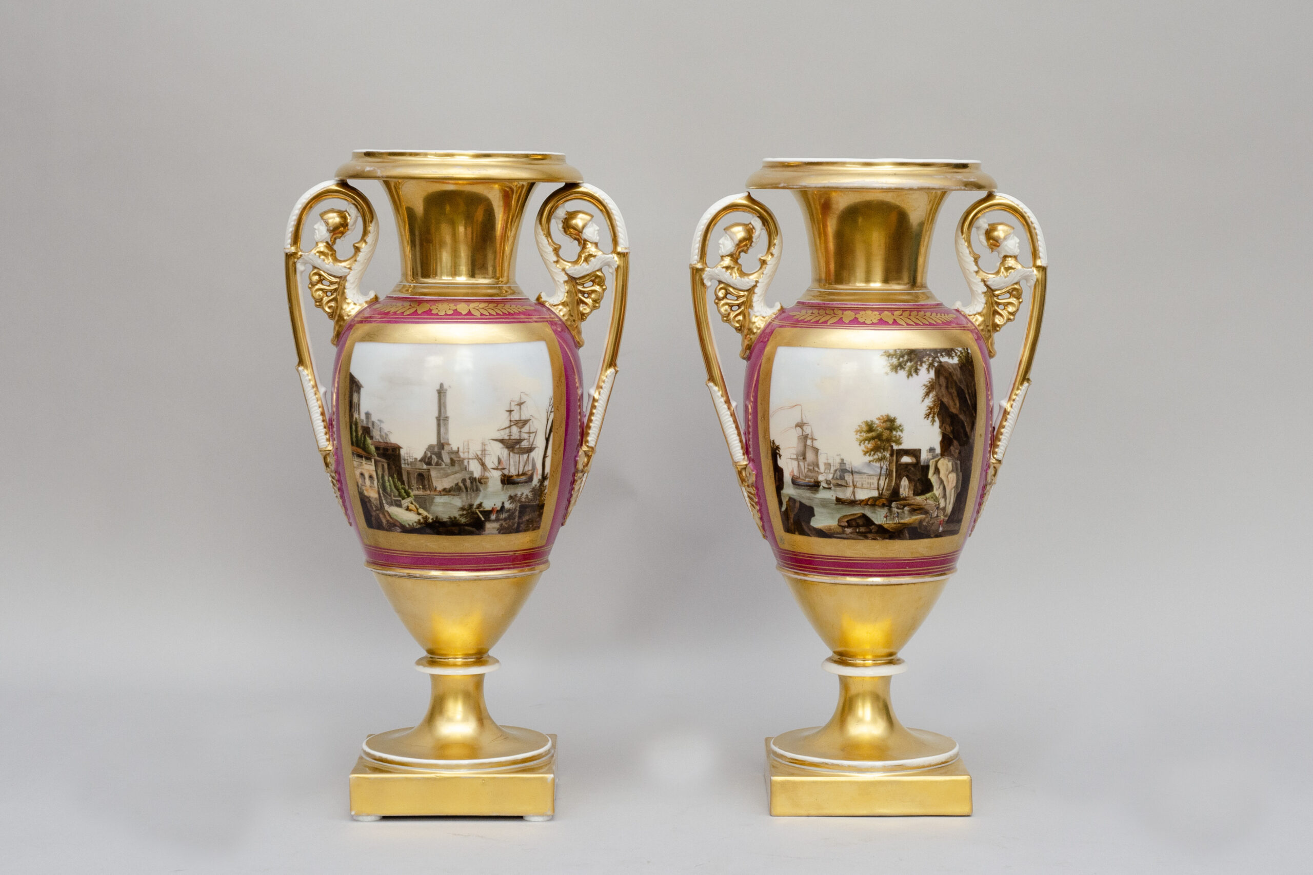 Large pair of vases "Harbours views", attrib. Capodimonte in Naples